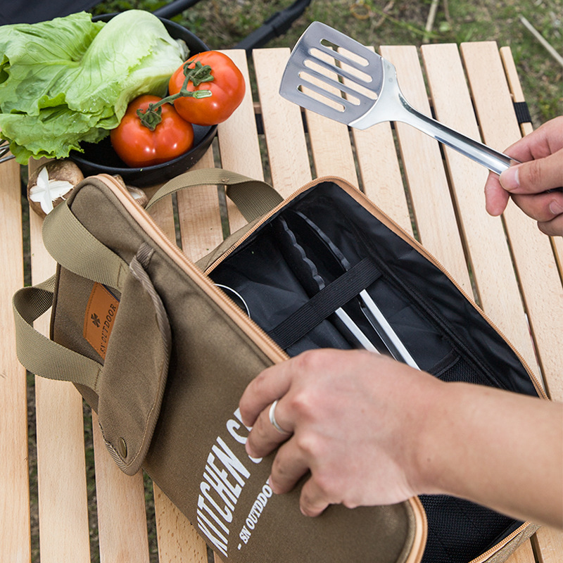 Camping Cooking Set Stainless Steel - 8-delige campingkeukenset met draagtas, outdoor reisbestek