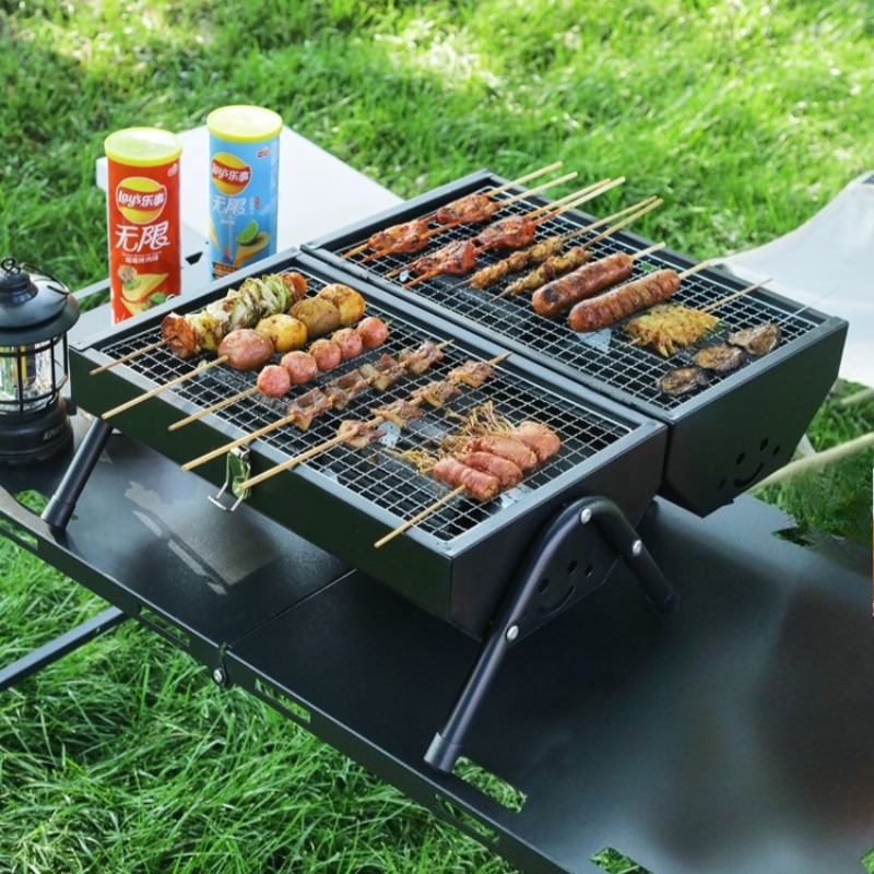Camping Double Cooking Stove - Koolstofstaal Barbecue Draagbare Dubbelzijdige Picknick Huishoudelijke