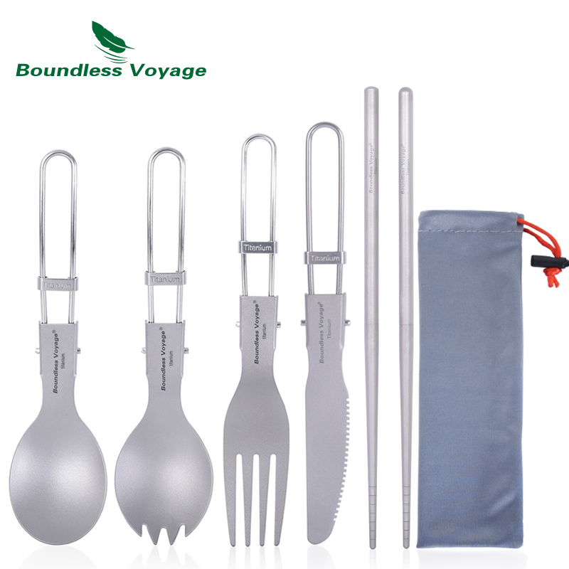 Camping Cooking Set Stainless Steel - Boundless Voyage Titanium Camping Bestek Opvouwbare